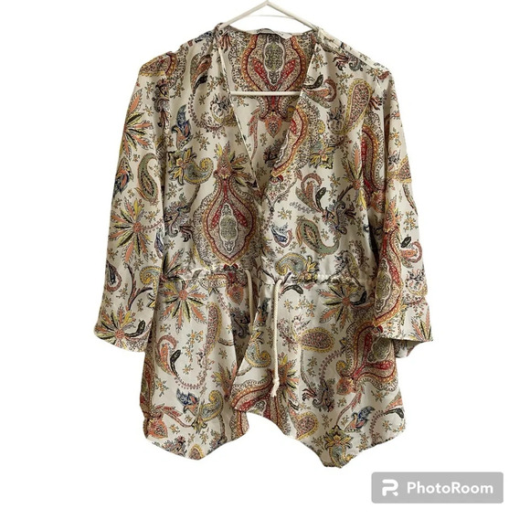Zara Women Sm Paisley V-Neck Flutter Hem Bell Sleeve Drawstring Waist Boho Top - Picture 3 of 11